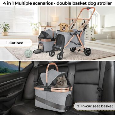 MAMIZO Подвійний візок для собак, переноска для тварин до 15 кг, складний двоярусний візок для собак, котячий візок на 2 яруси з 4 зносостійкими колесами PU, переносна сумка для собак (Сірий)