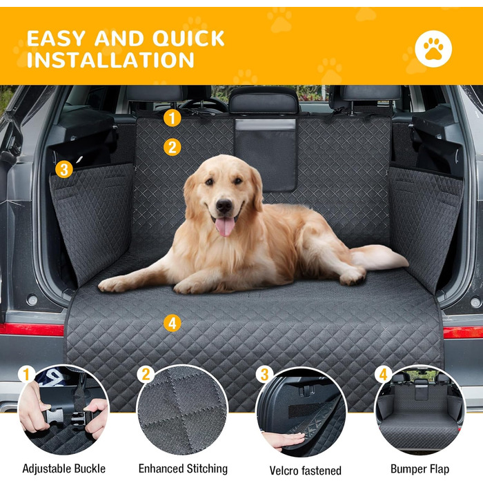 Захист для багажника автомобіля для собак: водовідштовхуючий і стійкий до подряпин килимок з захистом бокових панелей та краю багажника. Легкий у догляді та міцний.