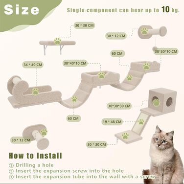 Комплекс для котів BYBYME з гамаком, ліжком та високими полицями для кількох котів, плюшевий лежак, когтеточка та стовпчики з сизалю, 6 шт., міцні меблі для лазіння (бежевий, 5 шт. з довгою перемичкою)