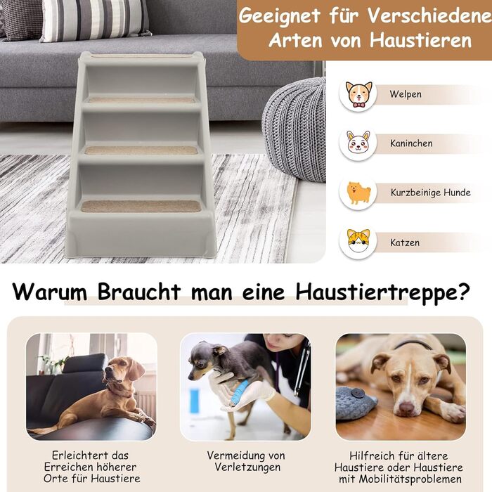 Сходинка для домашніх тварин GYMAX з 4 сходинками, складана, з пластику, з антиковзкими накладками, 4 килимки, трикутна структура, допомога у підйомі для котів та собак (Сірий)