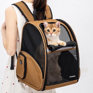 Рюкзак-переноска для собак і котів, дихаючий сітчастий рюкзак, складний, для подорожей, кемпінгу, до ветеринара, до 6,8 кг (Коричневий)