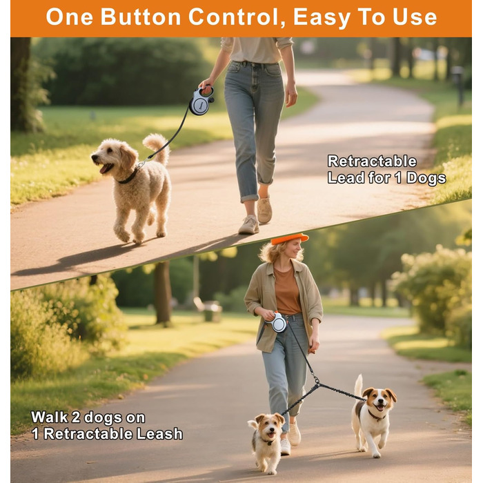 Рулетка для собак Dotolog 8м з двома лініями, з безпечною застібкою, для собак середніх та великих порід (сірий/чорний)