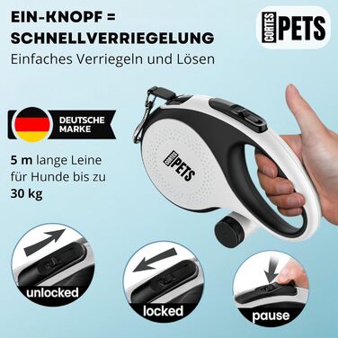 Висувна поводок для собак CORTESPETS® 5м для малих та великих собак до 50 кг - якісний рулонний поводок, висувна та гнучка пов'язка з зручною ручкою (Білий, M | 5м | до 30кг)