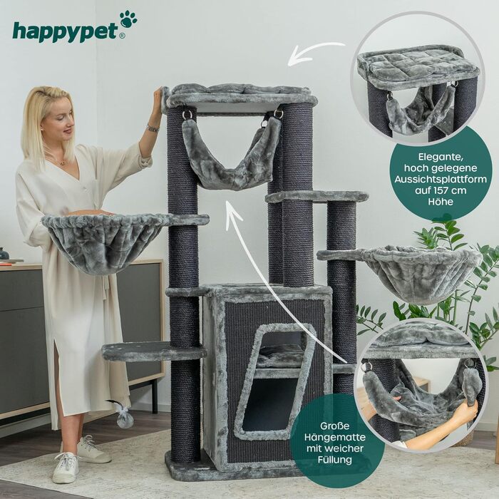 Дряпка для котів HAPPYPET Pepper 157 см, преміум XXL, для великих котів, з натуральним сизалем, будиночком та лежанками, сірий