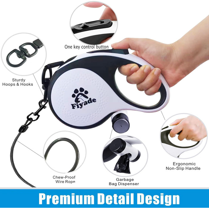 Висувна поводок для собак, 5 м, поводок-рулетка з ланцюгом, подвійний поводок для 2 собак, подовжений поводок для середніх та великих собак до 50 кг, білий та чорний, з пряжкою
