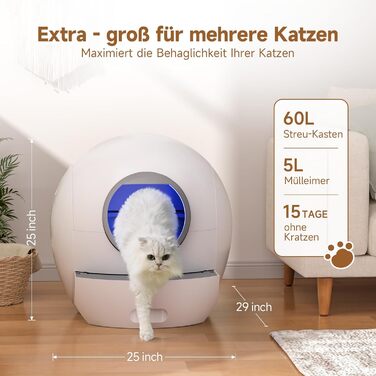 Автоматичний електричний туалет для котів ELS PET XXL з самоочищенням, додатком, смарт-сповіщенням та моніторингом здоров'я, для 2-4 котів, білий