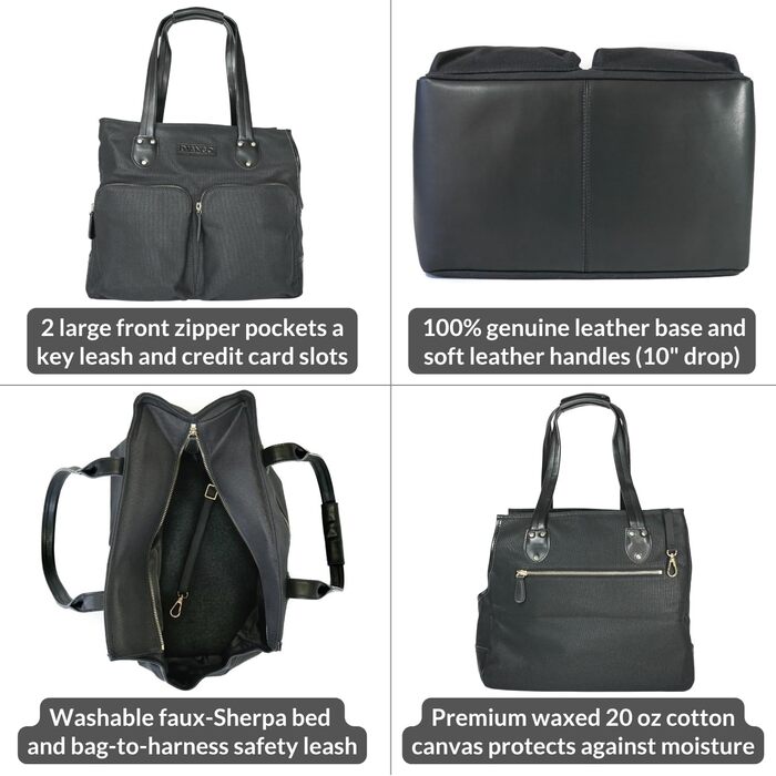 Сумка-переноска для собак DJANGO - чорна, велика, з міцної тканини вощенного канвасу та шкіри, з поворотком-поводком та надійними кишенями