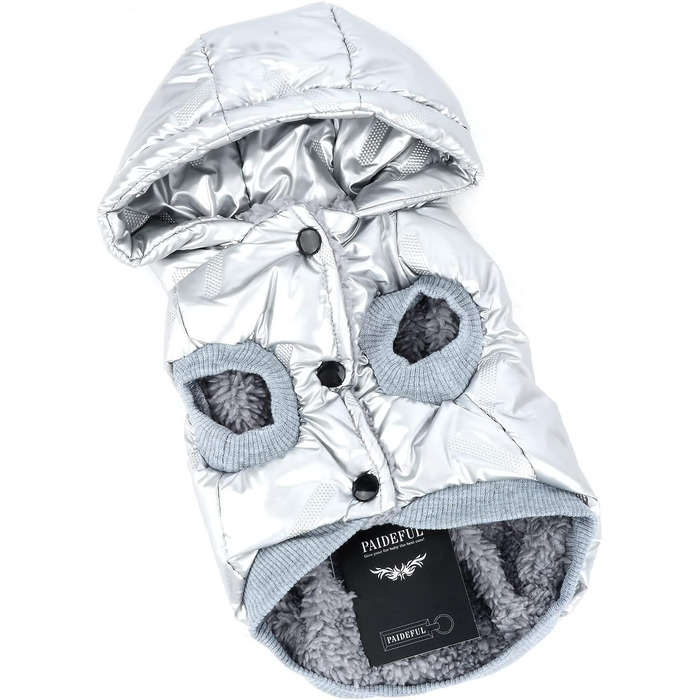 PAIDEFUL Зимовий теплий пуховик для собак - куртка з капюшоном для маленьких собак, чихуахуа, котів. Розмір M, сріблястий колір. Водонепроникний, вітрозахисний. Довжина спини 25 см, обхват грудей 37 см.