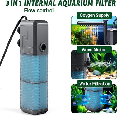 EXLECO Фільтр для акваріума 9W, 800 л/год, вбудований фільтр з 2 змінними губками, регульований фільтр для акваріумів 20-50л, фільтр-насос для акваріумів з розпилювачем