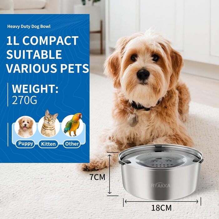 Нержавійна миска для собак 1L без розливання, повільне годування, для собак та котів маленьких та середніх порід