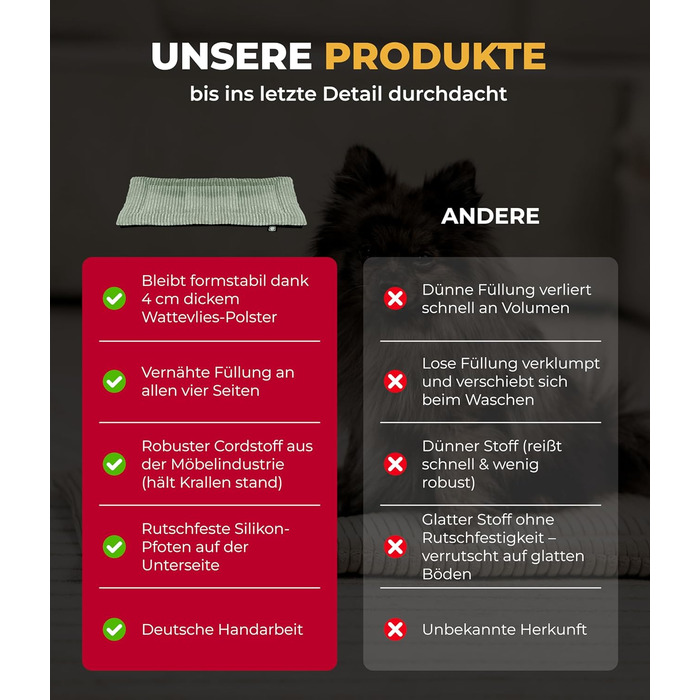 Килимок для собак HS-Hundebett® з підкладкою Cord, XS – антиковзаюча поверхня, м'яка ковдра для собак, комфортне місце для відпочинку – виготовлено в Німеччині (зелений, 65x95 см)