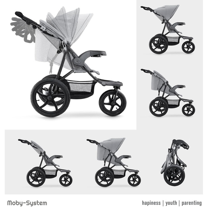 Дитяча коляска-трансформер Moby-System Runner Mountain з дощиковим захистом, до 15 кг, комплект аксесуарів: ремінь безпеки, відбивачі, оглядове вікно та кошик для речей (сіра)