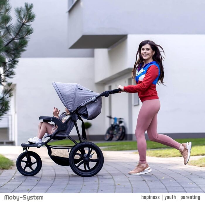 Дитяча коляска-трансформер Moby-System Runner Mountain з дощиковим захистом, до 15 кг, комплект аксесуарів: ремінь безпеки, відбивачі, оглядове вікно та кошик для речей (сіра)