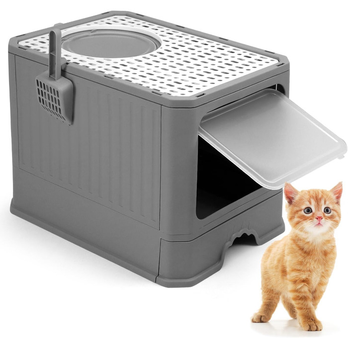 QWORK® Лоток для котів з кришкою, великий, сірий. Підходить для котів до 12 кг. У комплекті лопатка.