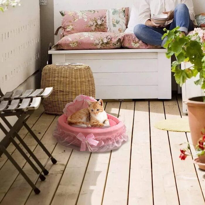 М'яке ліжко для собак і котів Unistrengh - кругла ліжечко-гніздечко з мереживом, рожеве, 40x45x12 см