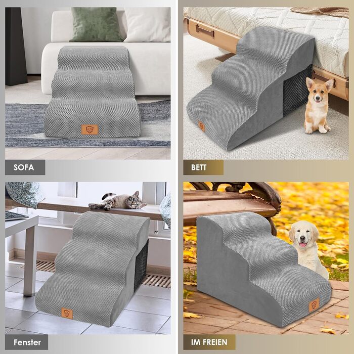 Сходинки для собак маленьких порід, 3 сходинки, водонепроникні, з високощільним губчастим матеріалом, знімні, для доступу до ліжка/софи, сірі.