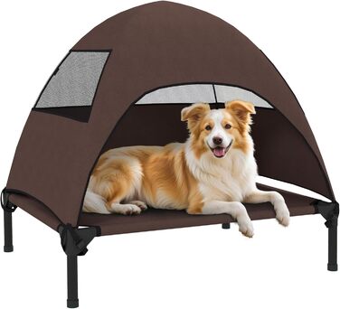 Лежанка для собак PawHut Outdoor з дахом, підняте ліжко для середніх собак, ліжко для домашніх тварин з охолоджуючим ефектом, сталевий каркас з сіткою, переносна сумка, ліжко для собак на вулицю, кемпінг 76x61x71см, (76x61x71см, Кофе)