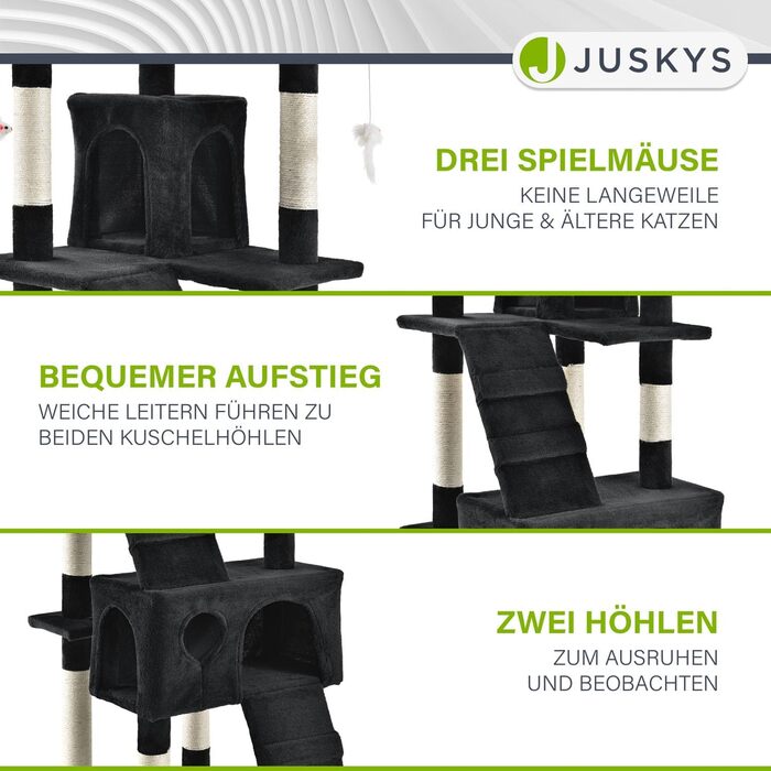 Котячий комплекс Juskys XXL Amy 170 см – стійке дерево для котів з лежаками, будиночками, драбинами та стовпчиками з сизалю, чорний