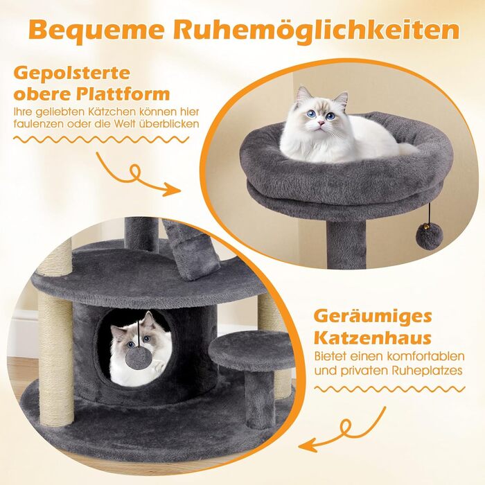 Дерев'яний кігтетопор для котів Costway з будиночком, м'ячем, драбиною та платформами (сірий)