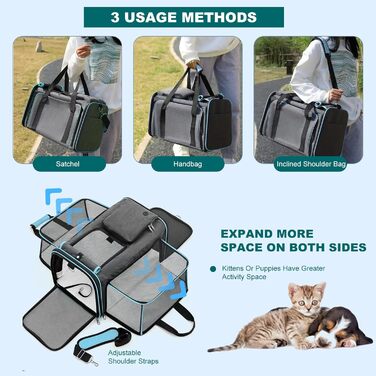 PETCUTE Складана переносна сумка для кота та собаки, дихаюча переноска для кота та собаки, сумка для собак з миючим килимком, розширювана сумка для собак з плечовим ременем, відкривання з 5 сторін сіра+зелена