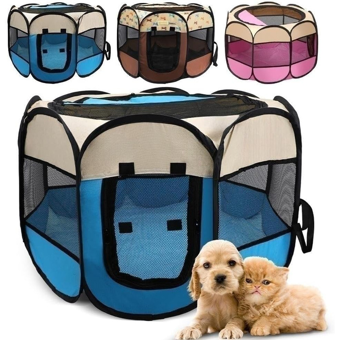 Клітка-забіг для собак та цуценят, розкладний вольєр для тварин, 73x73x43 см (Синій)