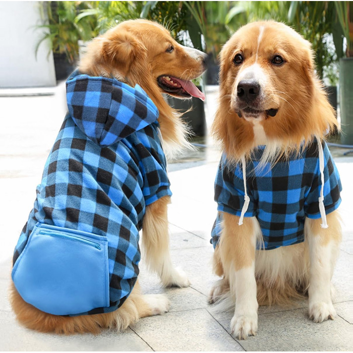 Теплий зимовий пуловер для собак з капюшоном, в клітинку, з кишенею на блискавці, розміри S-5XL, чорно-синій, бавовна