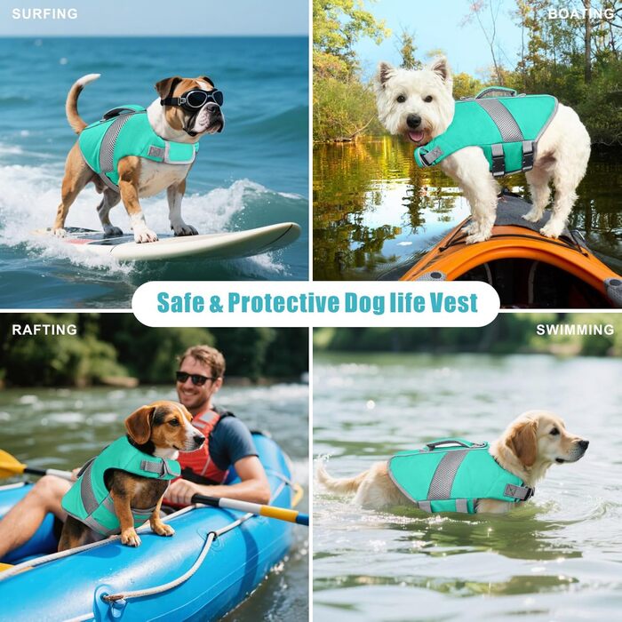 Рятувальний жилет для собак з високою плавучістю, світловідбиваючий, для плавання, катання на човні, серфінгу, каякінгу. Підходить для собак маленьких, середніх та великих порід. Колір: зелений (світло-блакитний), розмір: L