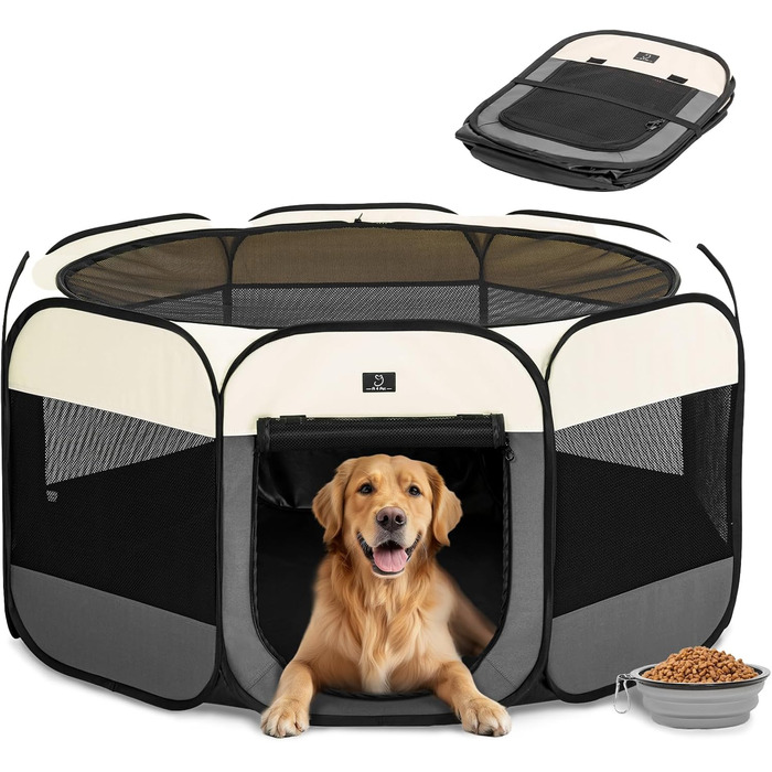 Клітка-вольєр для собак великих порід A 4 Pet, портативна, з водонепроникним дном та змійкою, для дому та вулиці, з мискою, темно-сіра та рожева (L з мискою, темно-сіра та бежева)