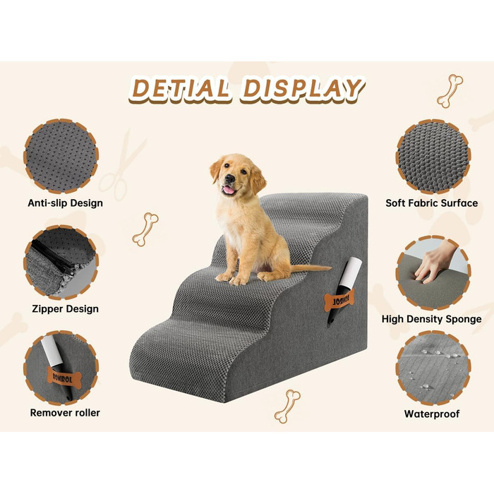 Сходинки для собак та котів ROMROL – 4 сходинки, сірі, з антиковзким покриттям, з м'яким Memory Foam, для захисту суглобів, знімний чохол