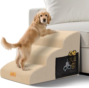 Сходинки для собак, 4 сходинки, знімний поручень, неслизьке покриття, для ліжка та дивану, з високощільним губчастим наповнювачем (3 сходинки, бежевий)