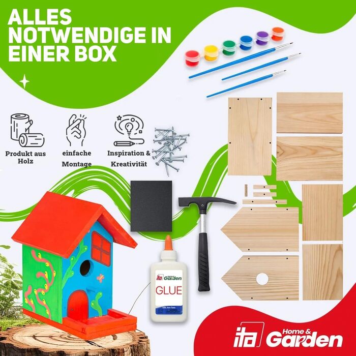 DIY годівничка для птахів: набір для збирання та розмальовки. Комплект включає молоток, цвяхи, фарби та інструкцію. Ідеально для дітей. Бренд Skylark