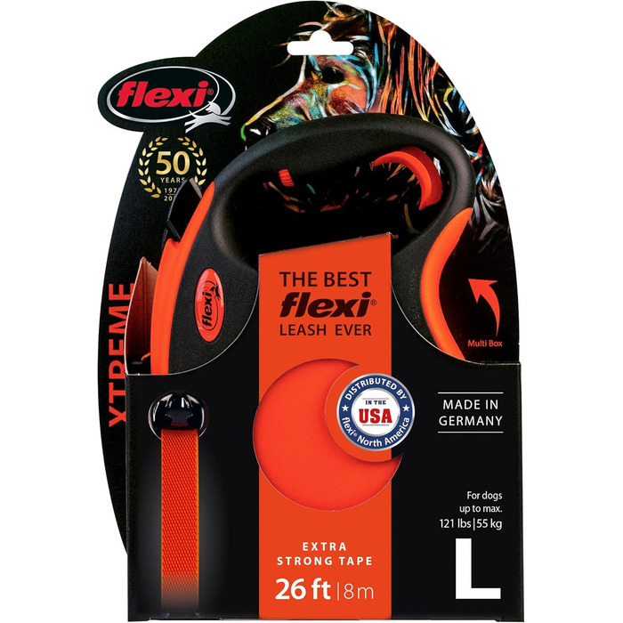 Рулетка для собак Flexi Xtreme L - міцна, 7.9 м, посилене гумове обплетення, світловідбиваючі елементи, регульована ручка, оранжево-чорний, Large