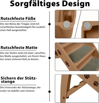 Сходинка для собак та котів Aufun: 4 сходинки, портативна, з антиковзним покриттям, 50 см, вантажопідйомність 75 кг, для ліжка/дивану (колір: коричневий)