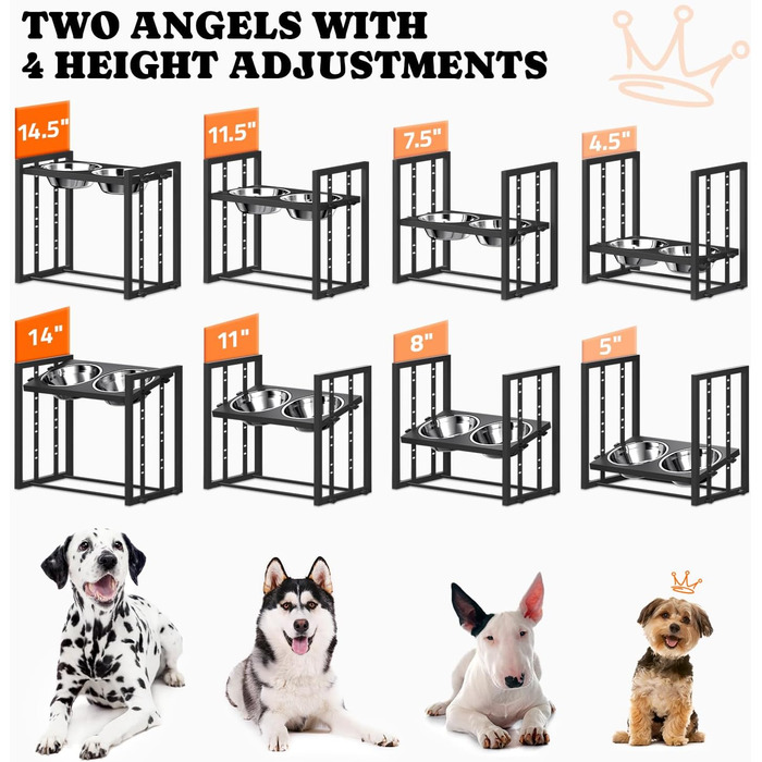 Підвищені годівниці для собак великих порід – металеві годівниці з 3 регульованими рівнями висоти, стійкий підставник для великих та екстра-великих собак (Об'єм: 5 чашок*2), чорний – без килимка