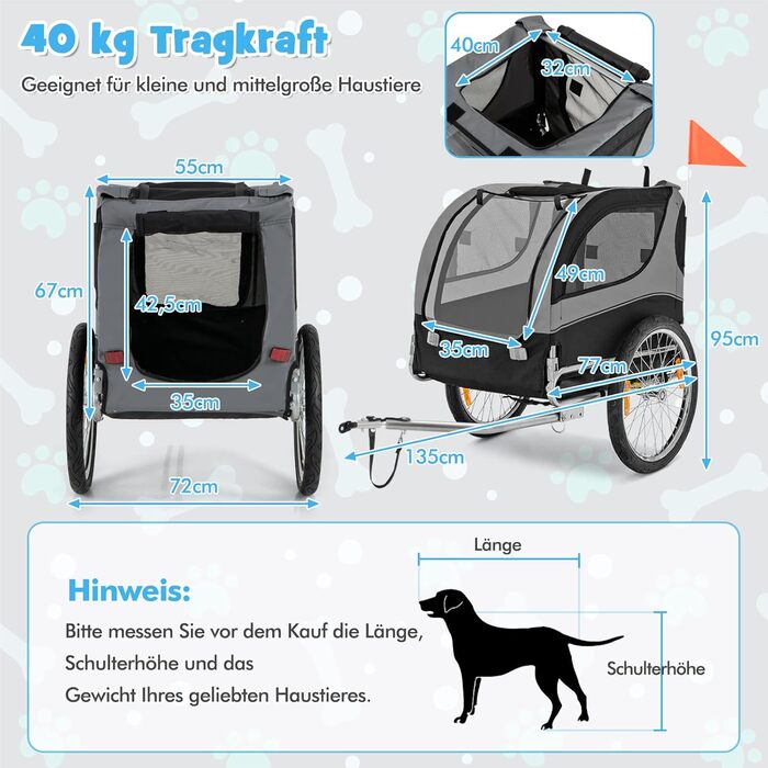 Фаркоп для велосипеда Costway для собак до 40 кг, сірий, складний