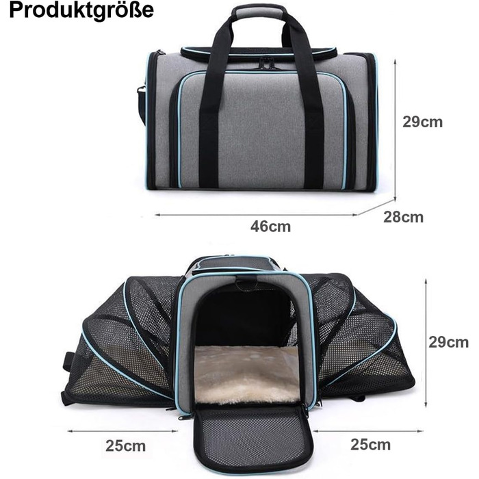 Транспортна переноска для котів та собак, велика, 46x28x29 см, розширювана, сіра. Підходить для котів, собак, цуценят, авіаперевезень.