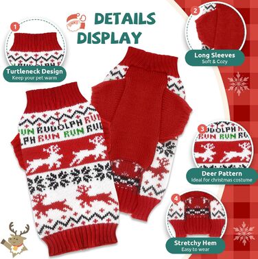 Святочний пуловер для собак, теплий, м'який, осінньо-зимовий, з високим коміром, в'язаний, для цуценят, милий олень, червоний, для собак, на Різдво, з короткими рукавами, (XX-Large, Червоний/Білий)