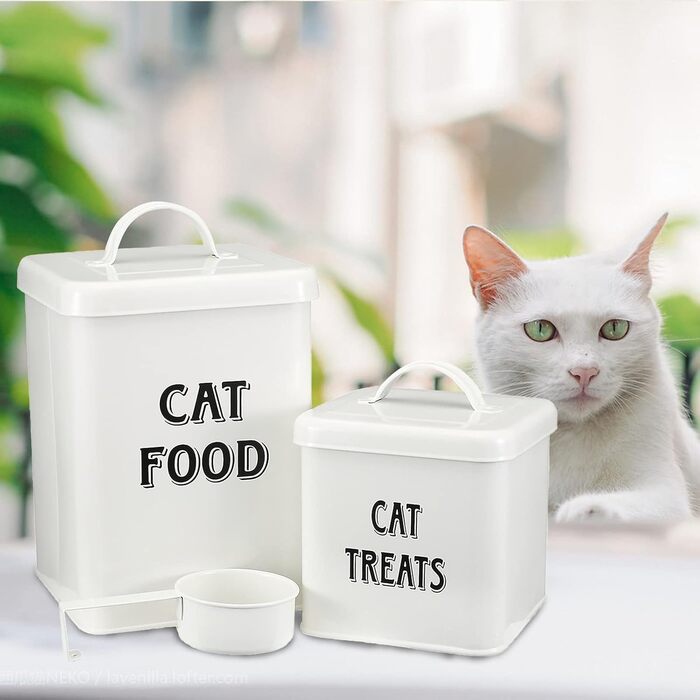 Контейнери для корму Morezi (2 шт.), з вуглецевої сталі, з герметичним кришкою та ложкою, для зберігання корму для собак, котів та інших тварин. Білий колір.