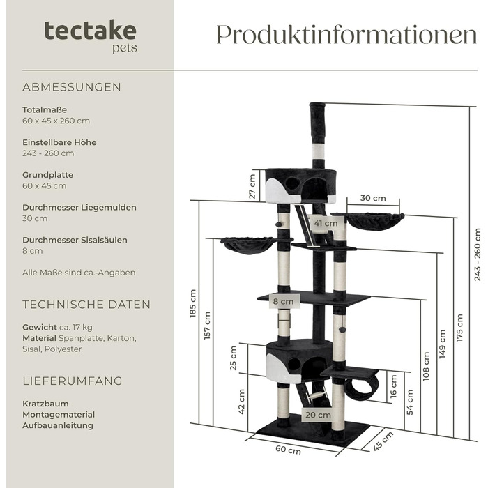 Котячий дряпак tectake XXL, регульований, з полицею, драбинкою, тунелем, домиком і сизалевими стовпами, чорний/білий, 243-260 см