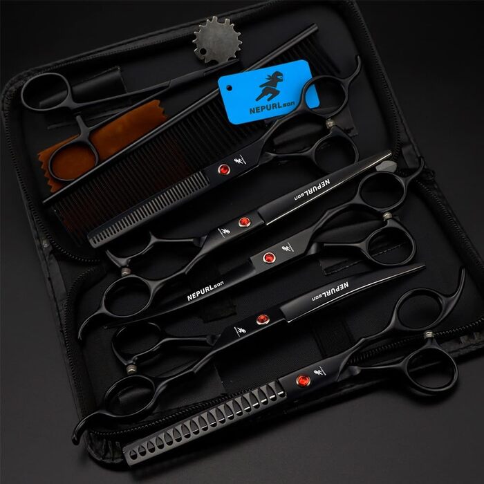 Набір професійних ножиць для грумінгу тварин - прецизійний зріз, ножиці для розрідження та прямі/вигнуті ножиці для собак та котів - 6 предметів (Schwarz)