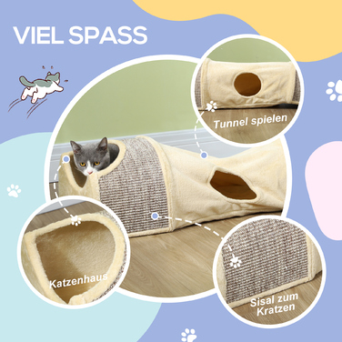 PawHut Cat Tunnel Play Tunnel Ігровий тунель з 2 будиночками, 3 отворами, складаний тунель для домашніх тварин до 6 кг, закритий, бежевий | Аосом