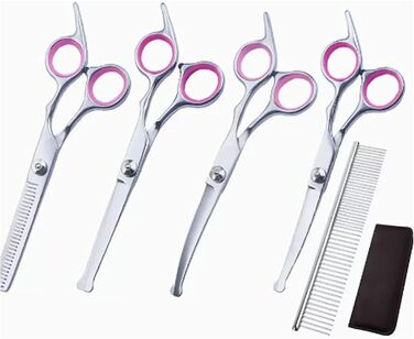 Набір ножиць для грумінгу собак та котів: прямі та зігнуті, з нержавіючої сталі (рожевий)