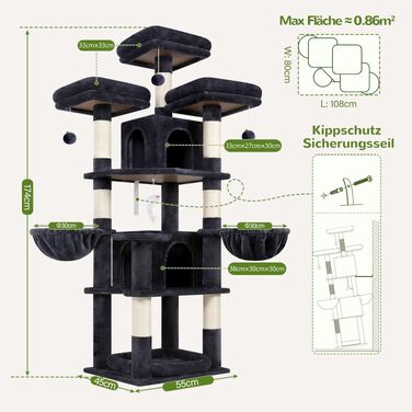 Ігровий комплекс для котів Globlazer F68B з 3 платформами та 2 будиночками, кігтеточка для 2-3 котів, 174 см, темно-сірий