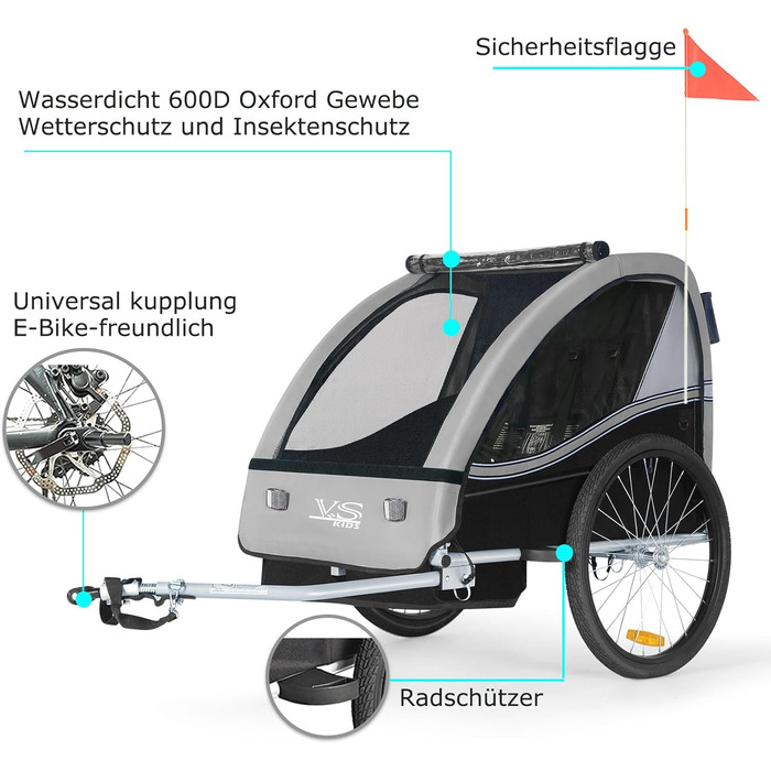 Дитячий причіп Tiggo VS 2 в 1: велосипедний причіп та коляска-візок, сірий