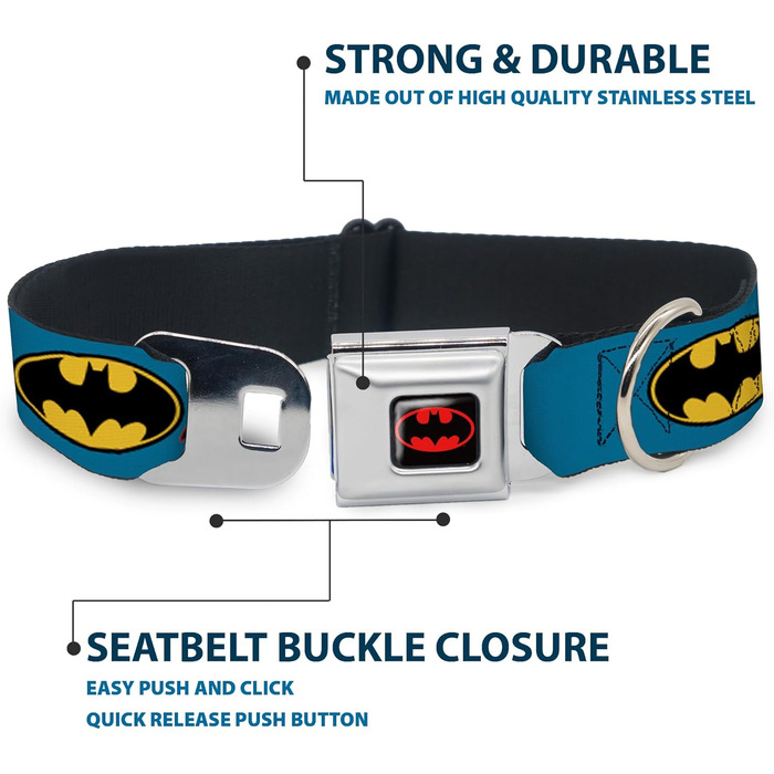 Нашийник Buckle Down BMC Batman для собак, чорний/жовтий, міцний нейлон