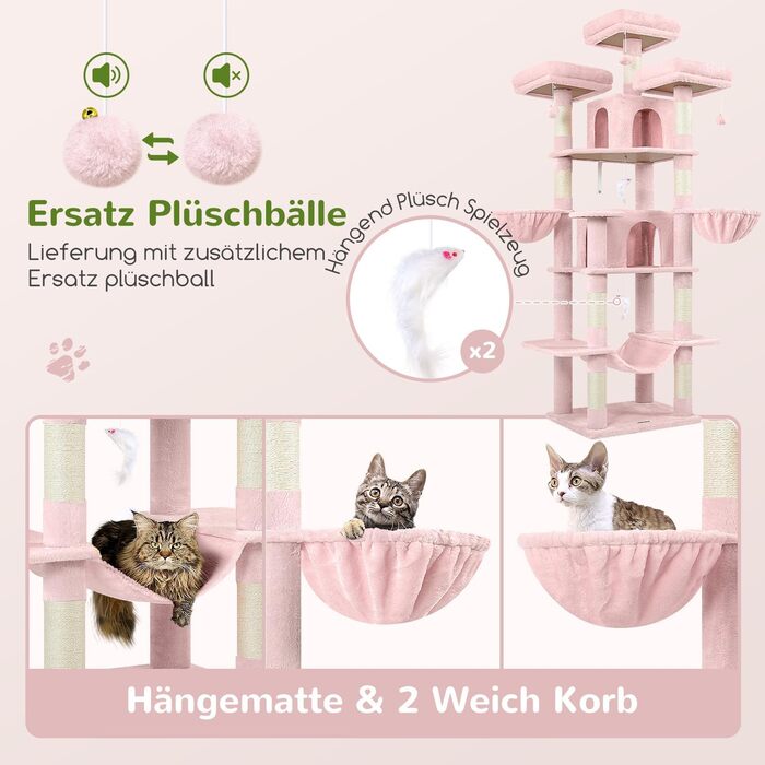 Розкішна когтеточка Globlazer XXL для великих і кількох котів, 204 см, з будиночками, гамаками та м'якими сидіннями (рожева)