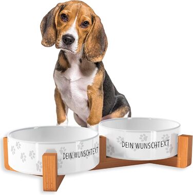 Персоналізована годівниця для собак OWLBOOK з іменем або текстом, подвійний набір мисок з кераміки та бамбуковим каркасом, 300 мл