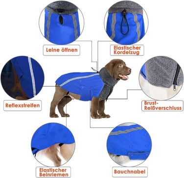 Зимова куртка для собак SlowTon з флісу, тепла та водонепроникна, з капюшоном-шарфом та світловідбиваючими смугами, регульована, для цуценят та собак (Синій, M)