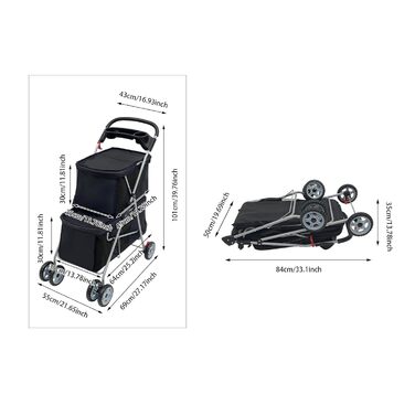 Двоярусний візок для домашніх тварин для собак та котів середніх та маленьких порід - Легкий візок-переноска для прогулянок, подорожей та відпочинку на природі, до 20 кг (Чорний)