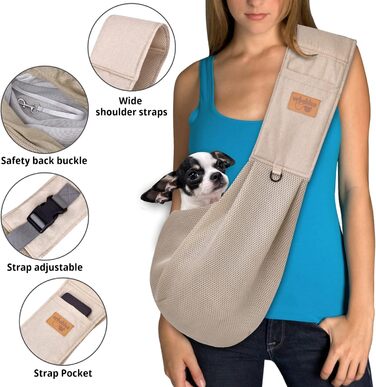 Сумка-переноска для собак з дихаючої сітки, регульований ремінь, сумка з кишенею, переноска для собак для подорожей на відкритому повітрі (Бежевий-L)